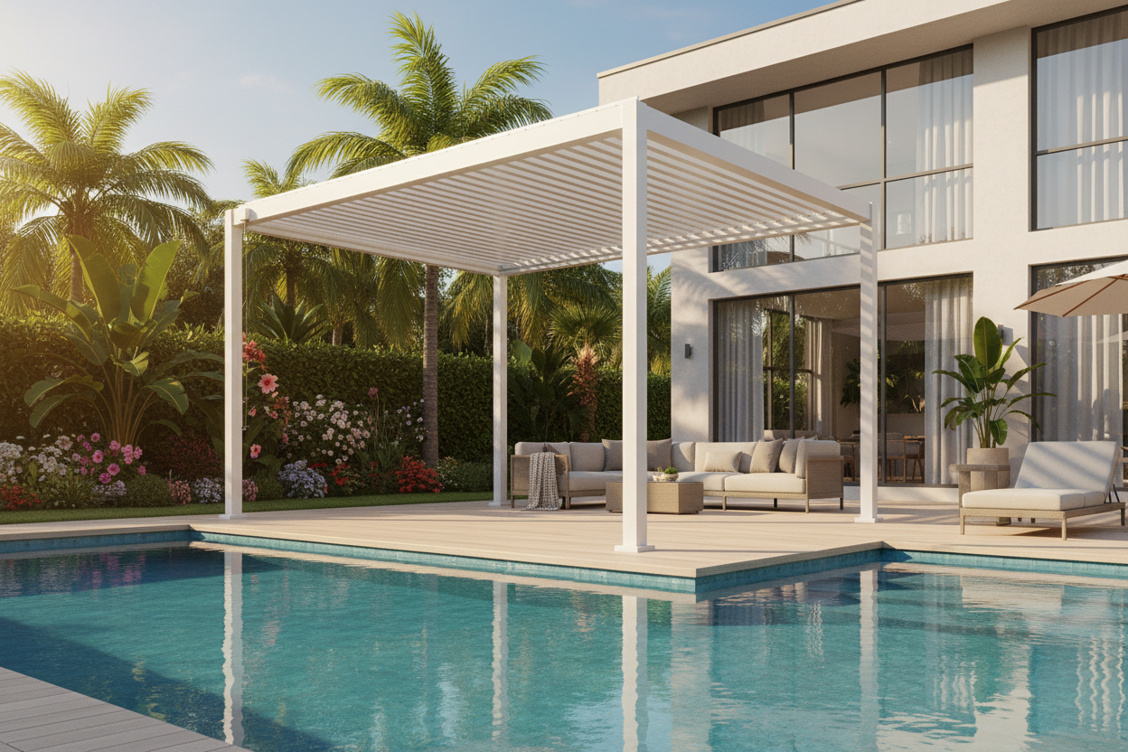 Modern patio with pergola, pool, and outdoor furniture in a tropical setting