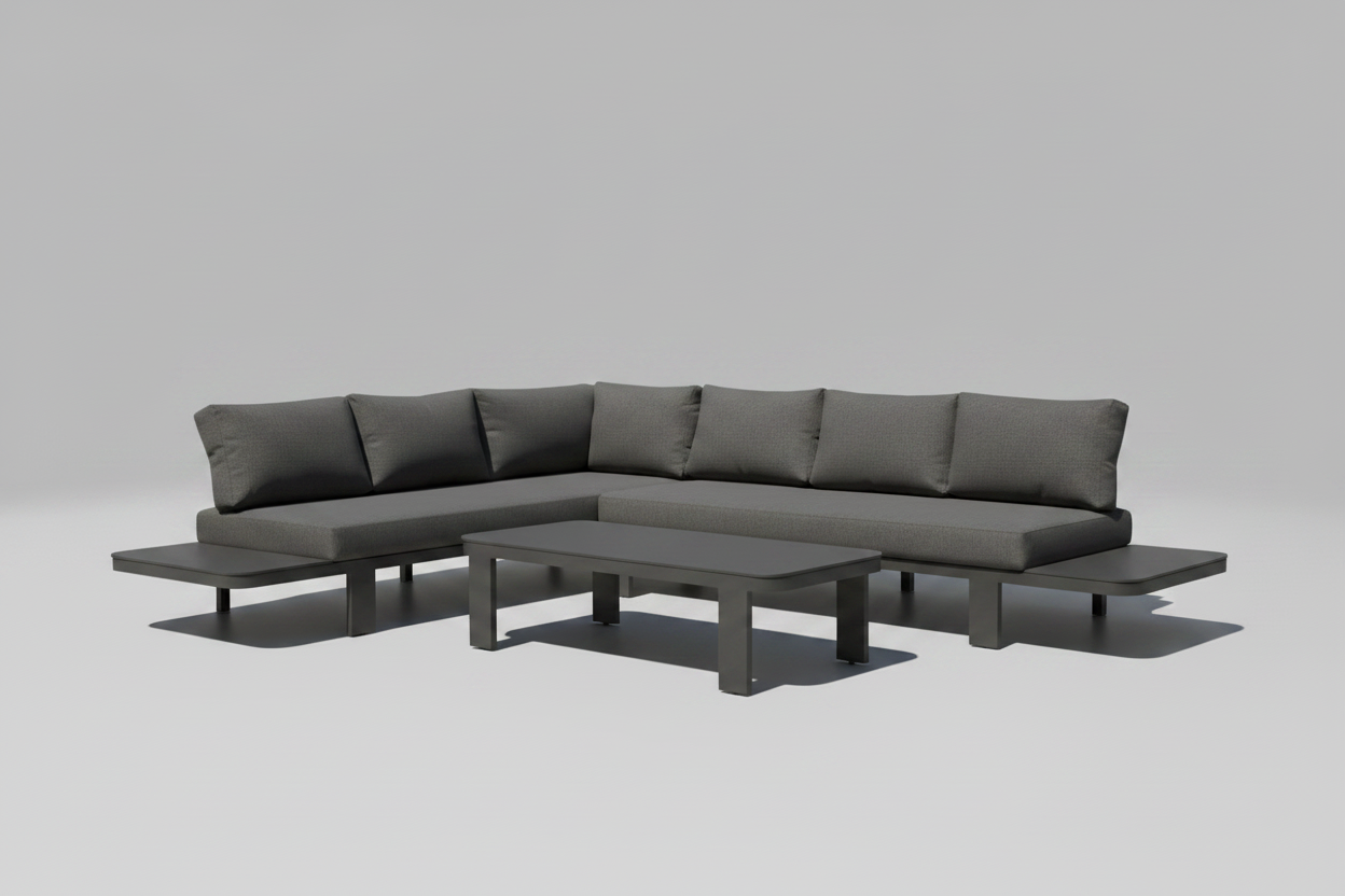 A modern charcoal modular outdoor furniture set, including a 3-seater left sofa, a 3-seater right sofa, and a coffee table, arranged near a pool.