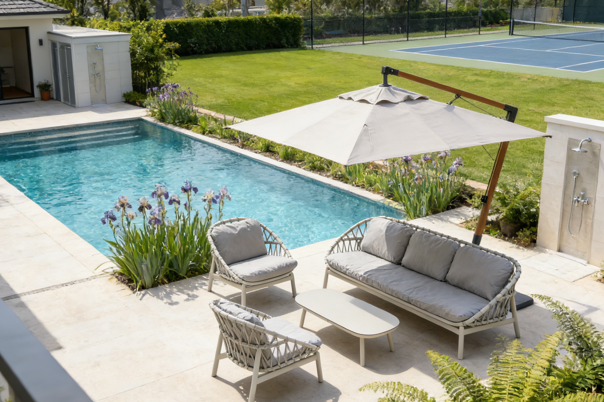 Outdoor patio area with pool, chairs, and umbrella in a backyard setting.