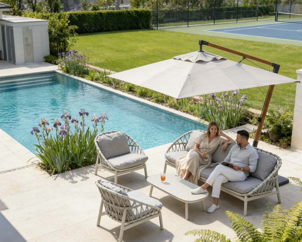 Outdoor patio area with pool, chairs, and umbrella in a backyard setting.