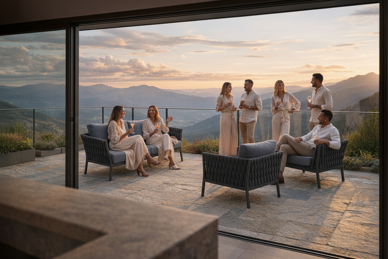 Outdoor patio with furniture and a scenic view of mountains at sunset.