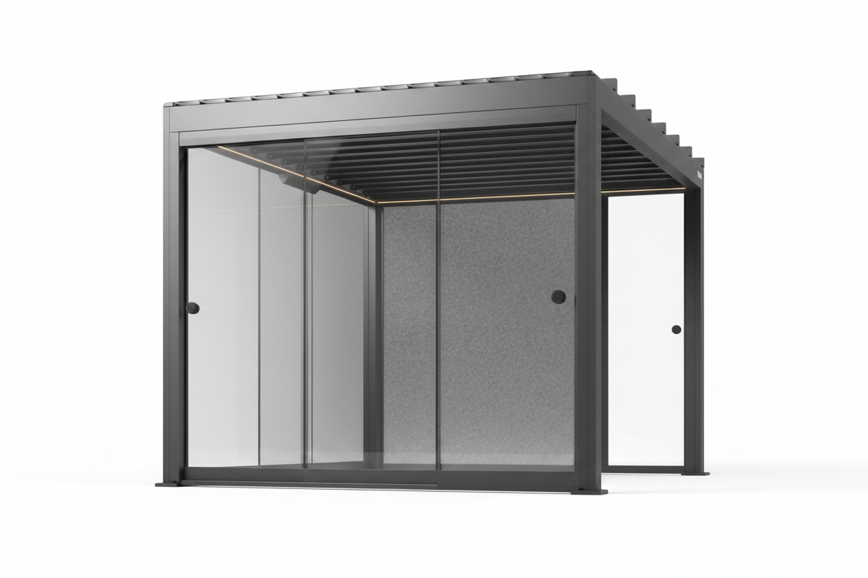 Modern outdoor canopy with glass panels on a white background