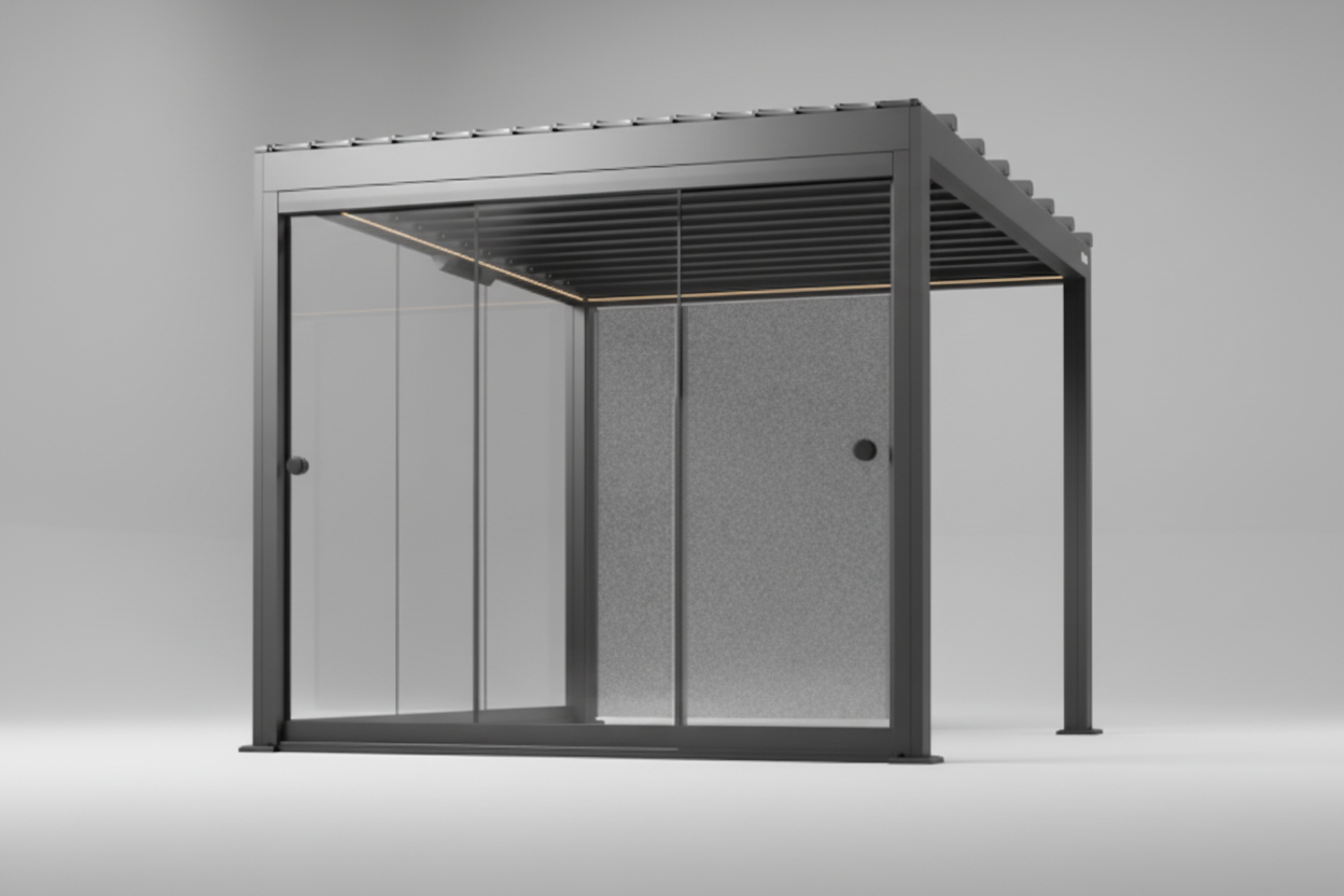 Modern outdoor canopy with glass panels on a white background