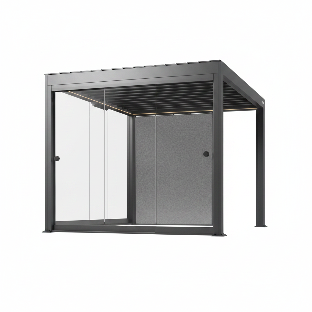 Modern outdoor canopy with glass panels on a white background