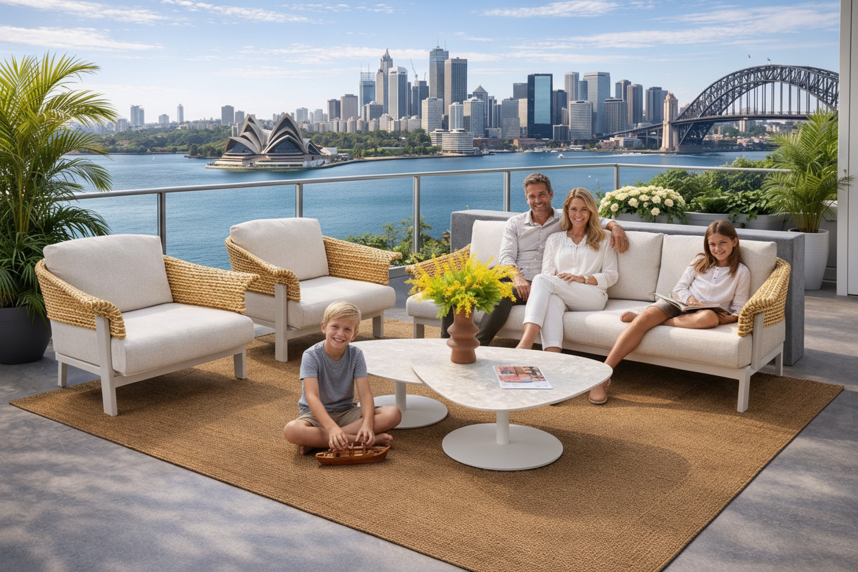 Outdoor patio set with city skyline and Sydney Harbour Bridge in the background