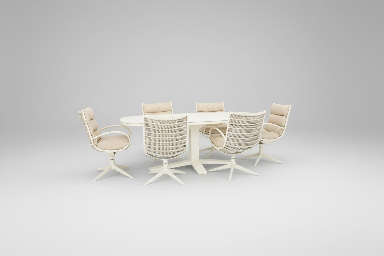 Outdoor dining set with chairs and table by a pool
