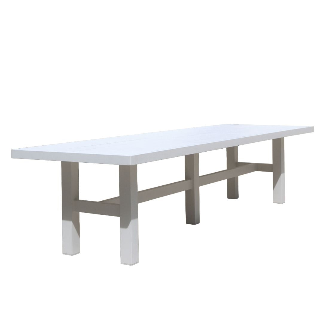 White dining table with gray legs on a white background