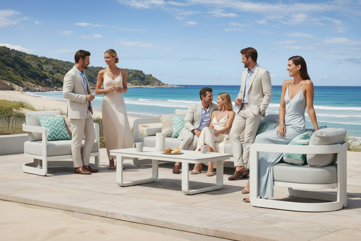 Outdoor patio furniture set with cushions on a wooden deck by the beach.