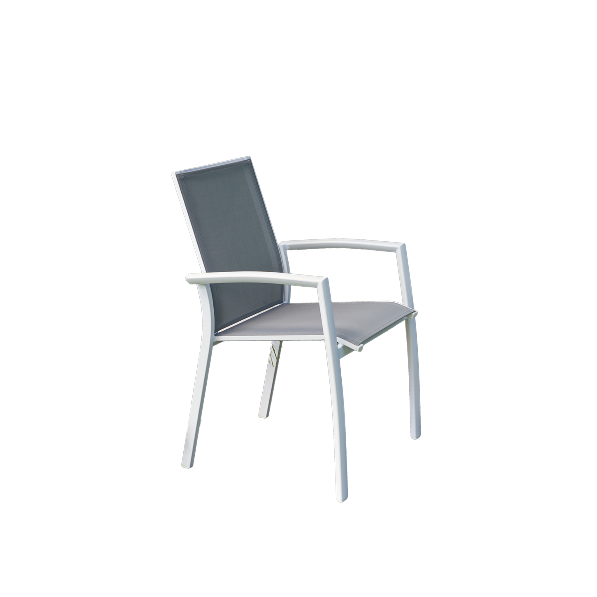 A modern gray outdoor carver chair made of aluminum, with a full backrest and seat cushion.