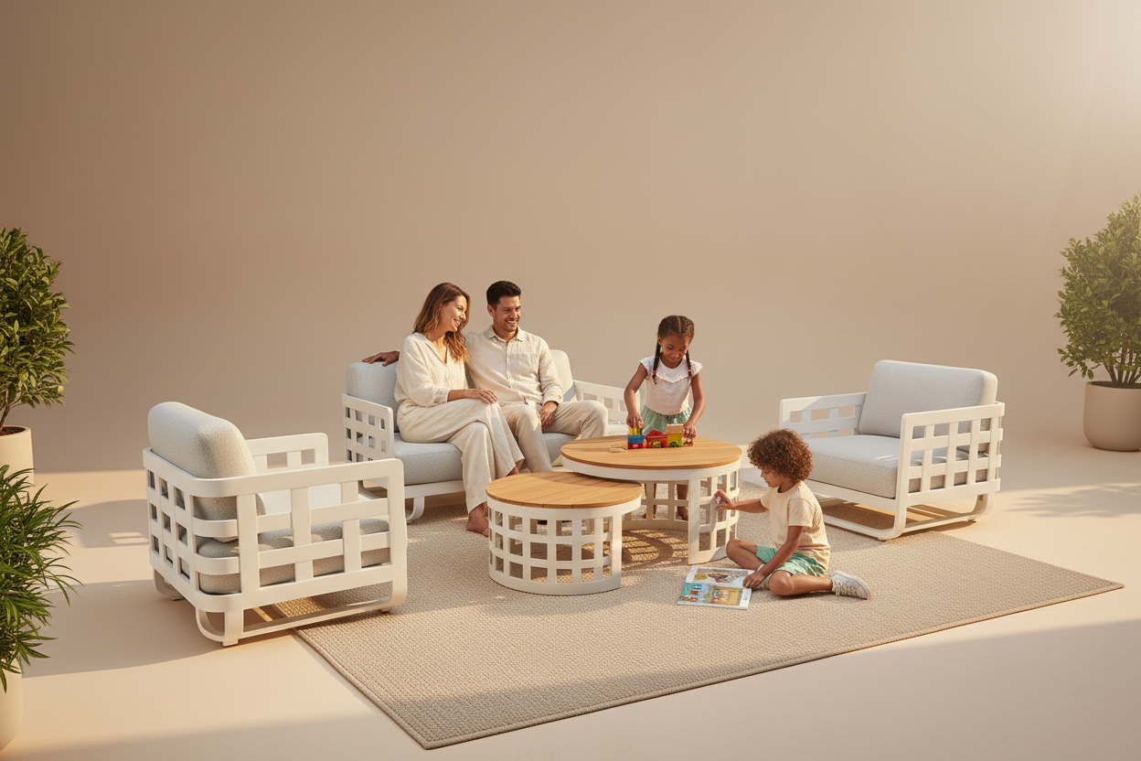 Family sitting on modern outdoor furniture with plants and a neutral background