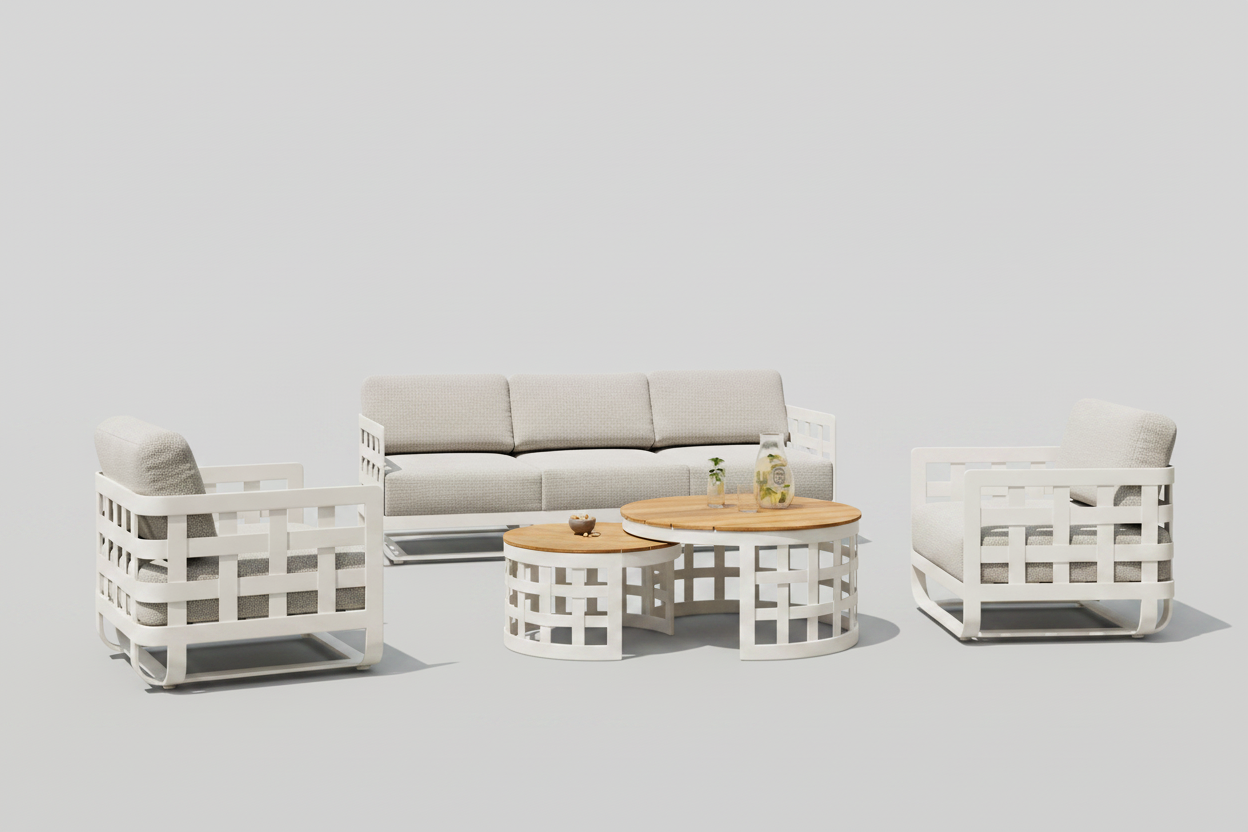 An outdoor lounge setting including a 3-seater sofa, two single sofas, and two nesting coffee tables, all made of white aluminium, displayed in an outdoor environment.
