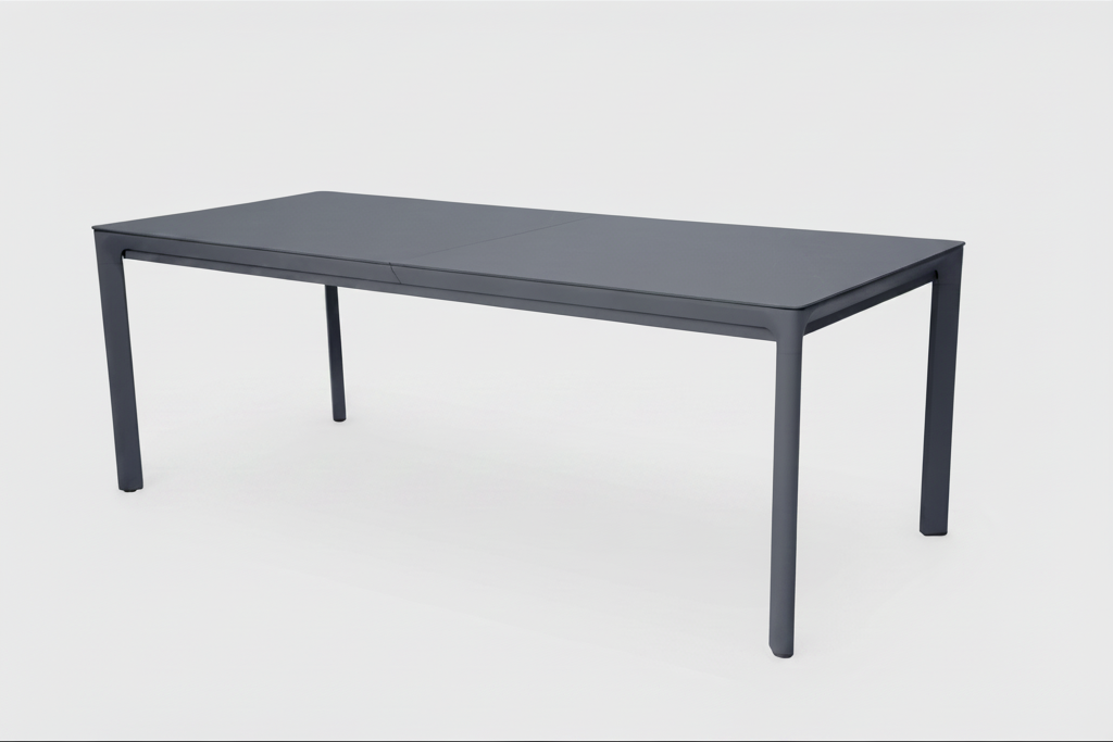 Gray metal dining table on a white background