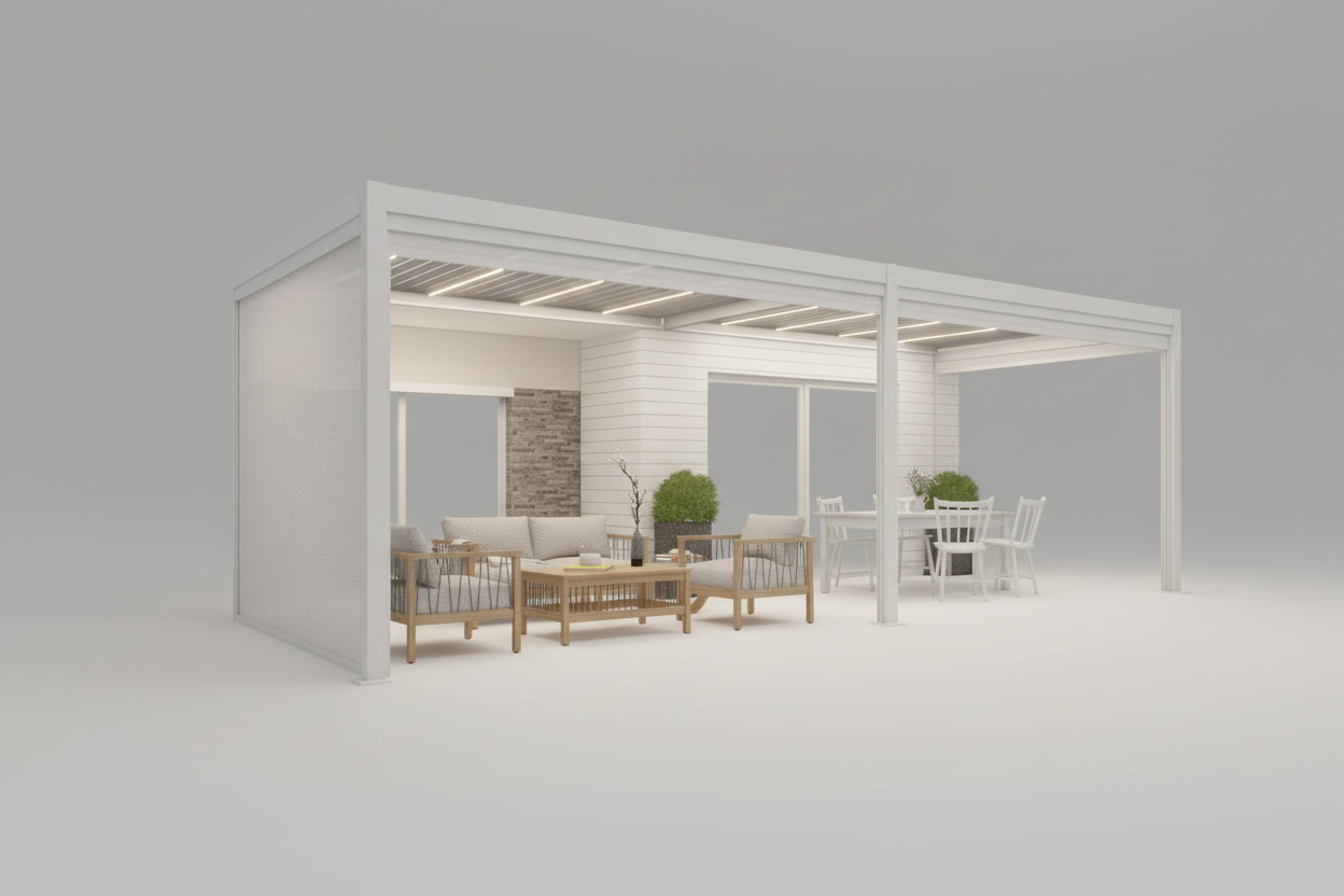 Modern patio cover with outdoor furniture at night