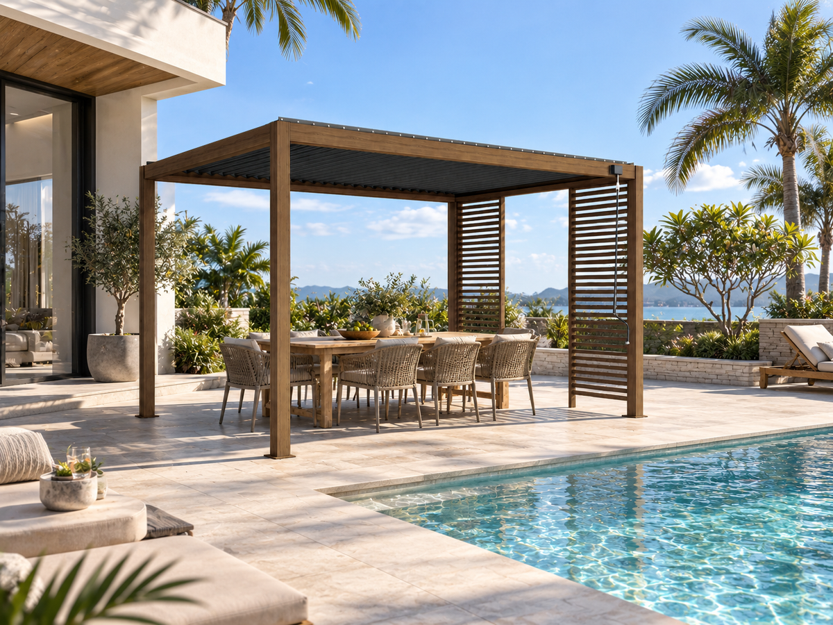 PV Blue Sky(140S) Pergola Timber frame and post with Dark Grey blade Frame/Body - 4x3x2.5MH