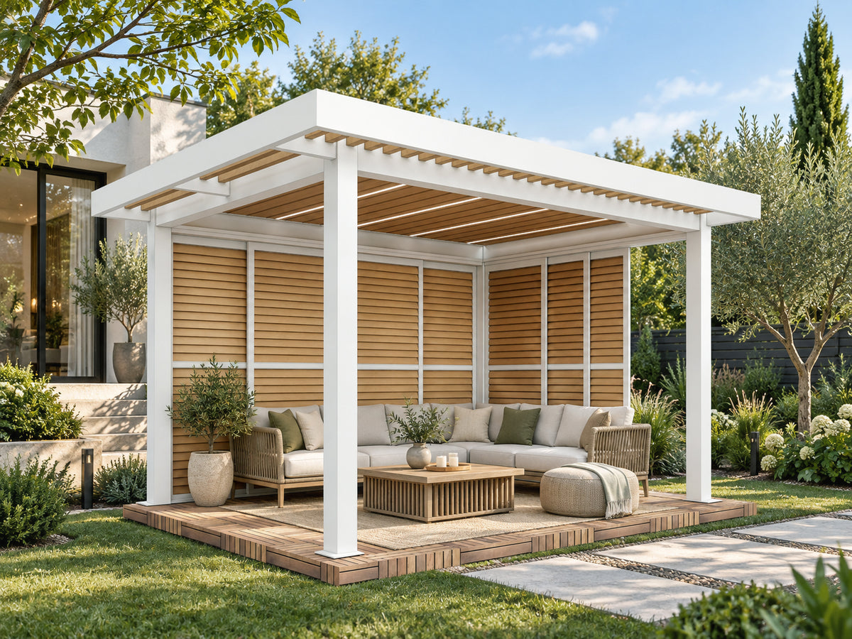 PV Sun Garden (E220) Pergola Timber Blade with White Frame/Body - 4x3x2.7MH