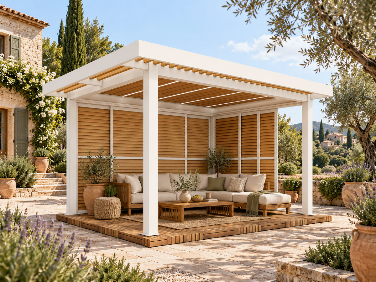 PV Sun Garden (E220) Pergola Timber Blade with White Frame/Body - 4x3x2.7MH