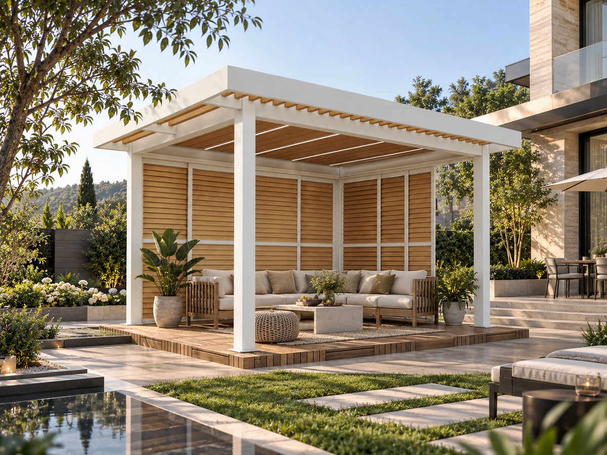 PV Sun Garden (E220) Pergola Timber Blade with White Frame/Body - 4x3x2.7MH