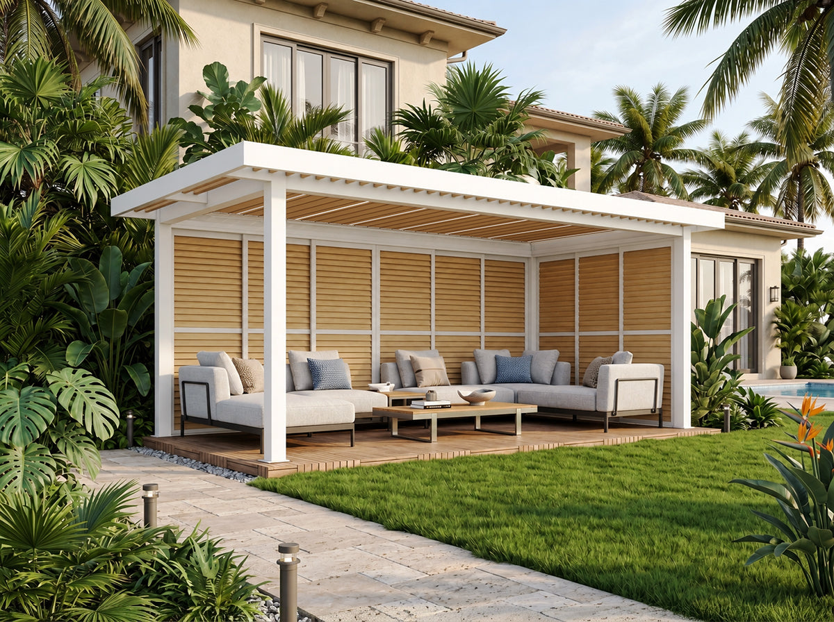 PV Sun Garden (E220) Pergola Timber Blade with White Frame/Body - 4x3x2.7MH
