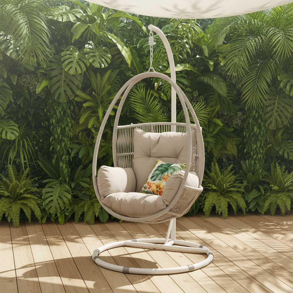 An outdoor hanging egg chair with a light grey and beige cushion, featuring a sturdy white frame.