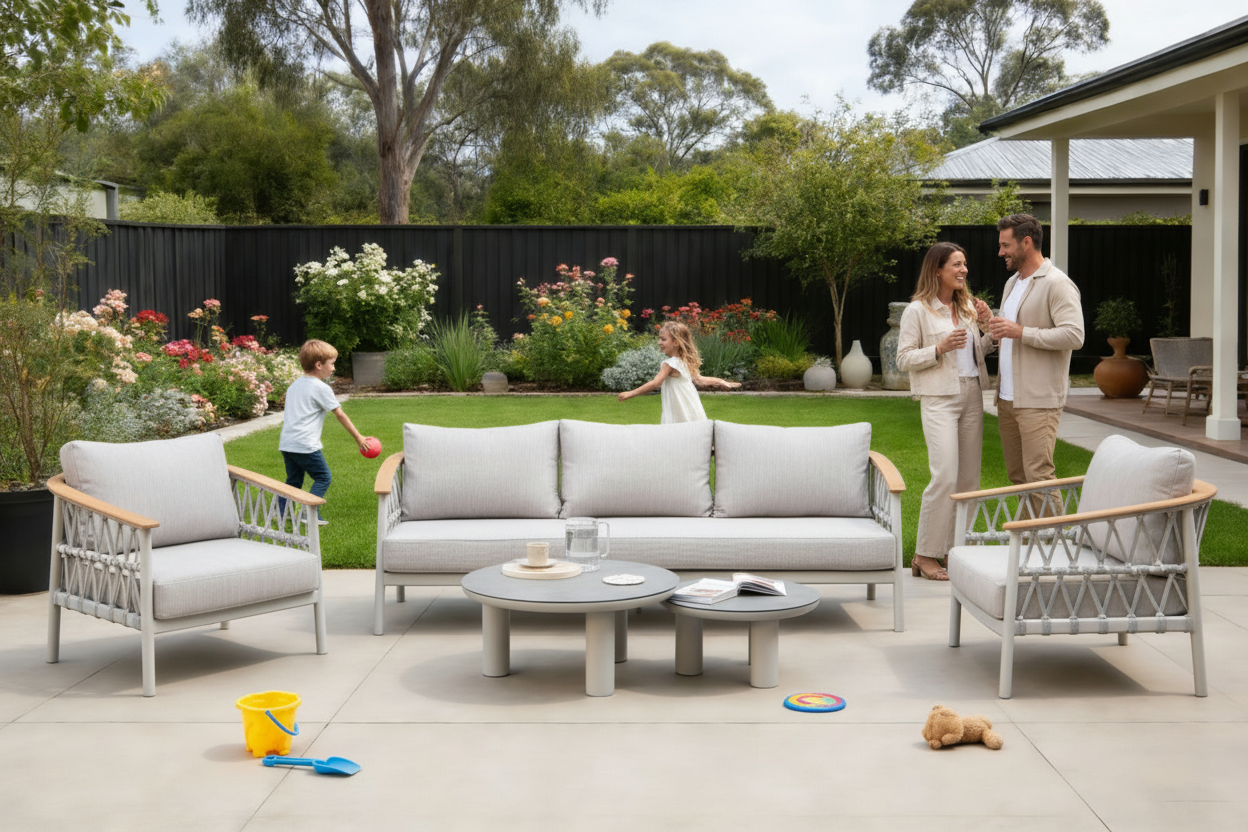 Outdoor patio set with gray cushions on a patio area with a garden and house in the background.