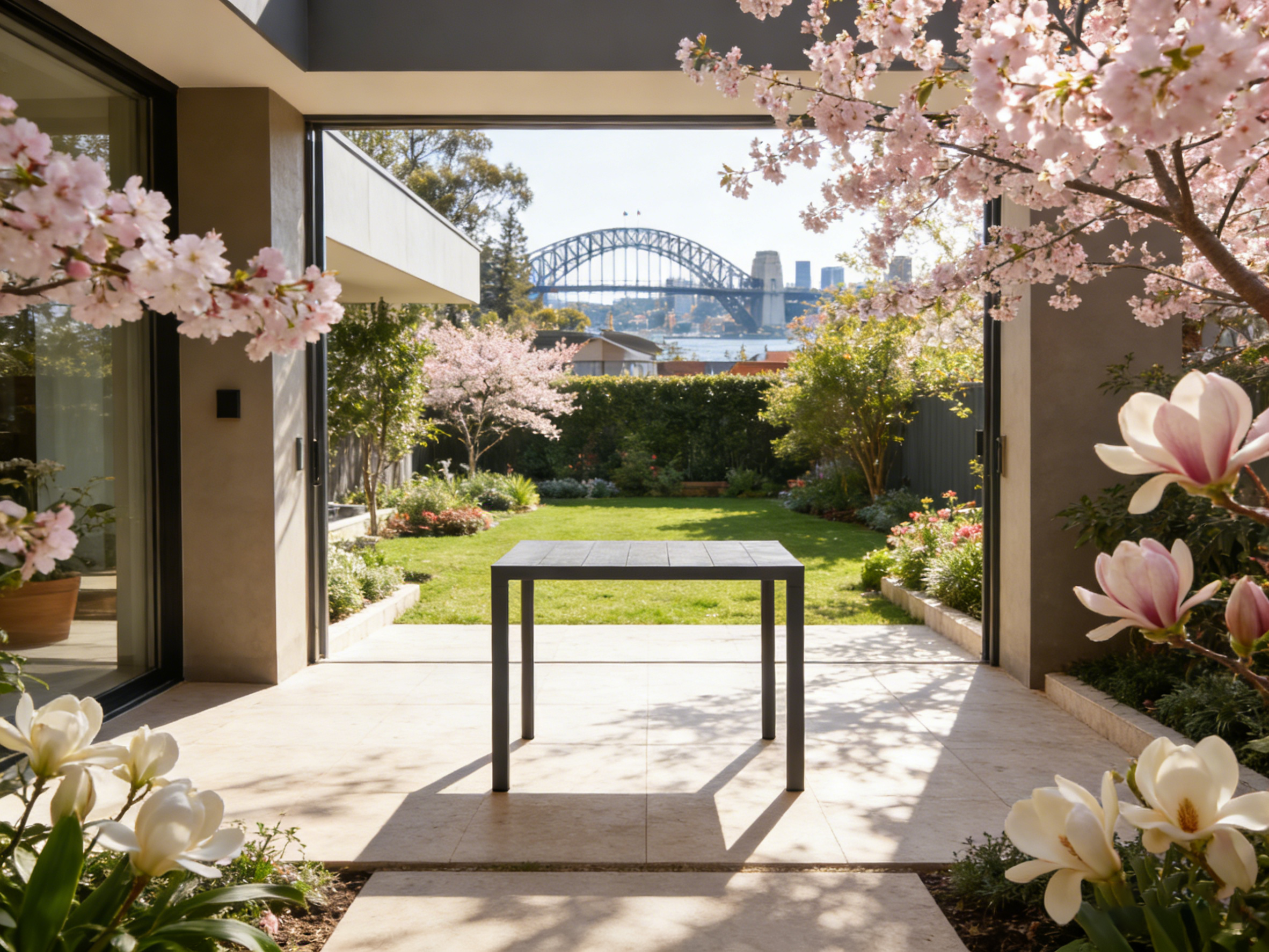 Mayfair Bar Table in a garden and a view of the Sydney Harbour Bridge.