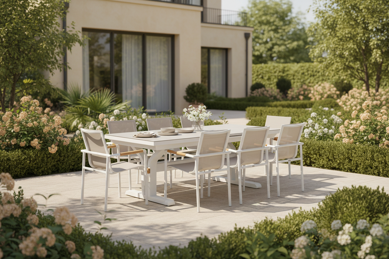 Metro 190/250 Extension Outdoor Dining Table White (Stone Flax Tabletop Finish)