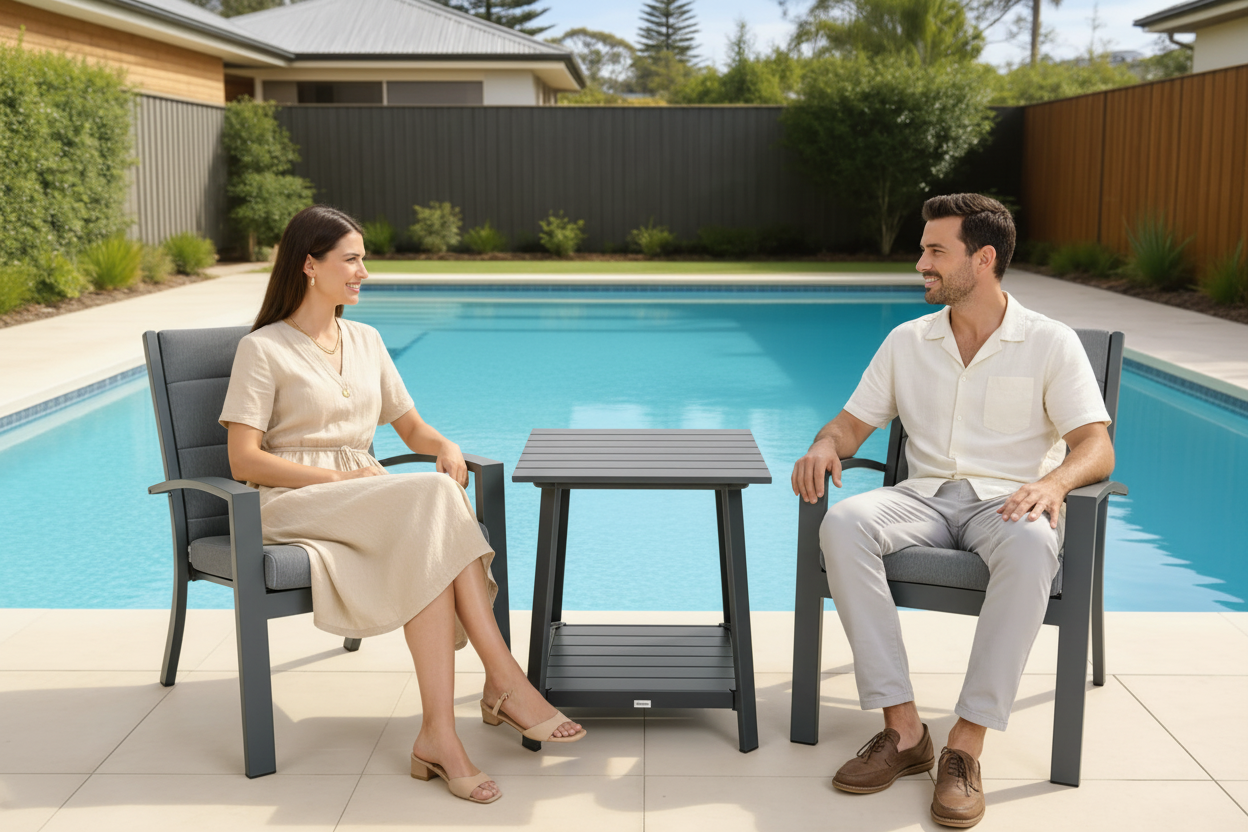 Two gray chairs with a matching table by a pool