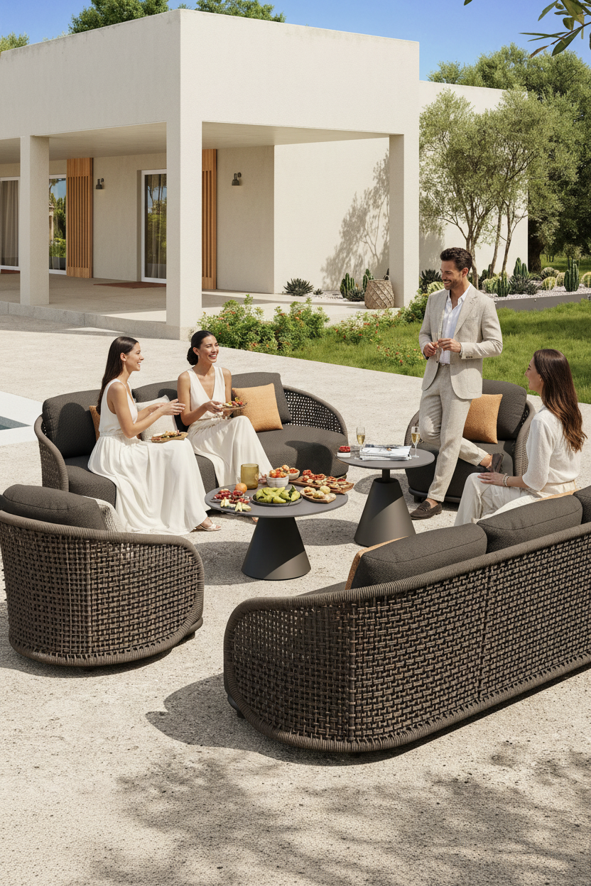 Outdoor patio set with modern furniture in a garden setting- black/ charcoal