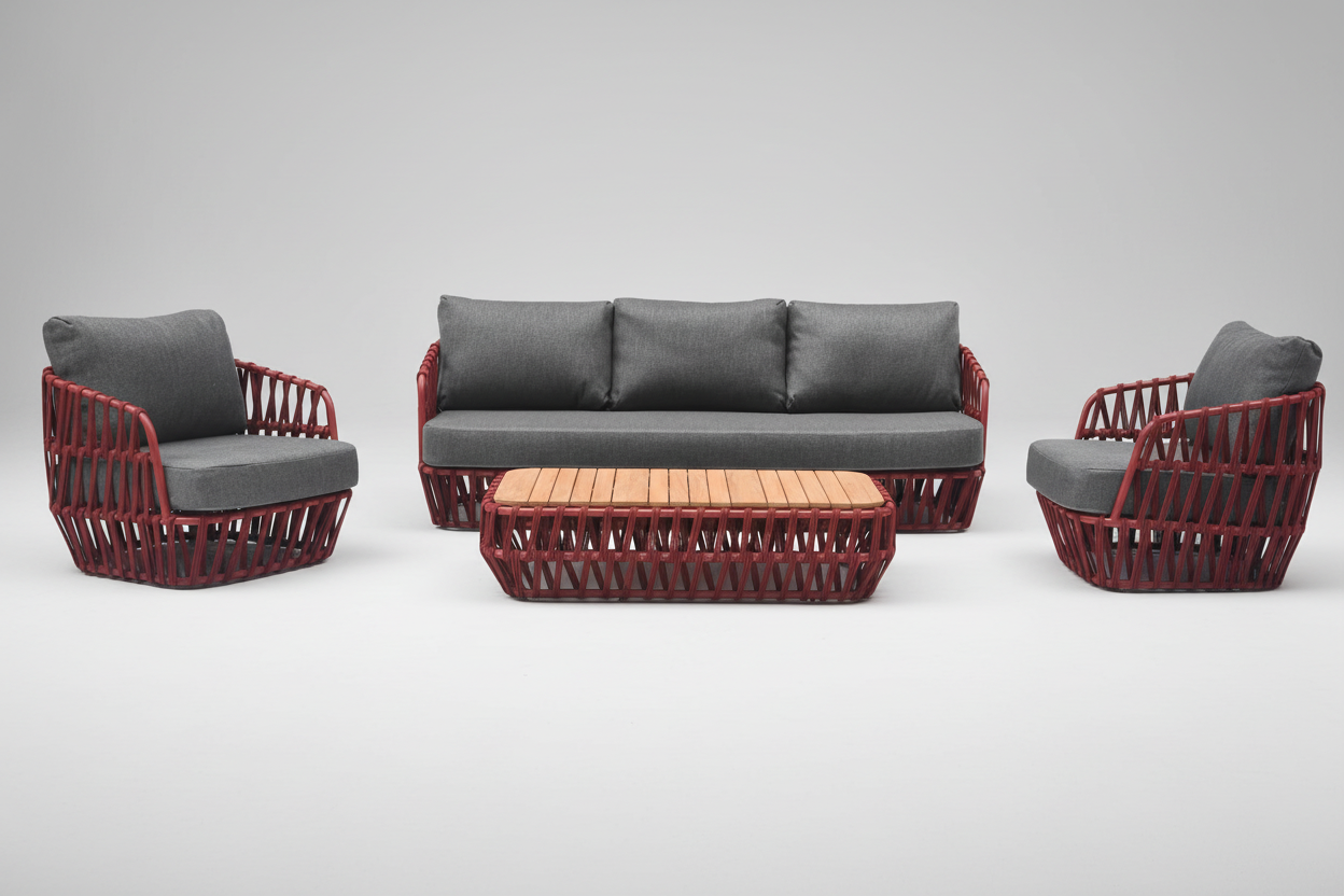 Outdoor furniture set with red frames and gray cushions on a white background