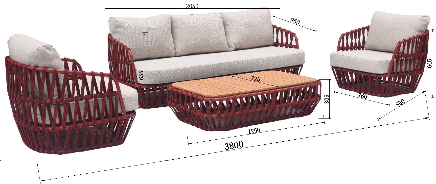 South Beach 4 Pc Outdoor Lounge Setting - Red + Light Grey