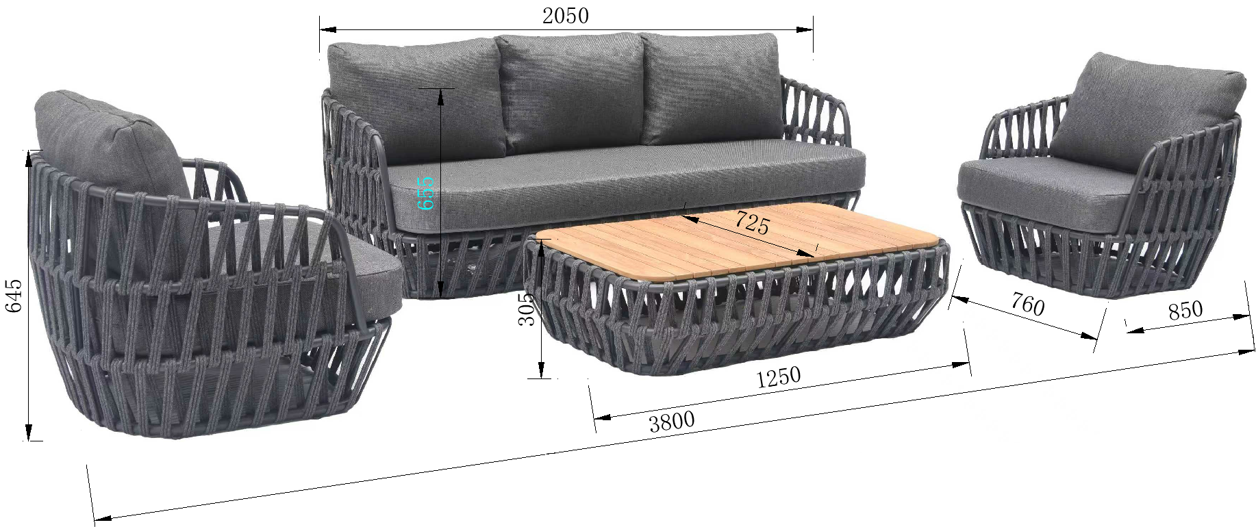 South Beach 4 Pc Outdoor Lounge Setting - Dark Grey + Dark Grey