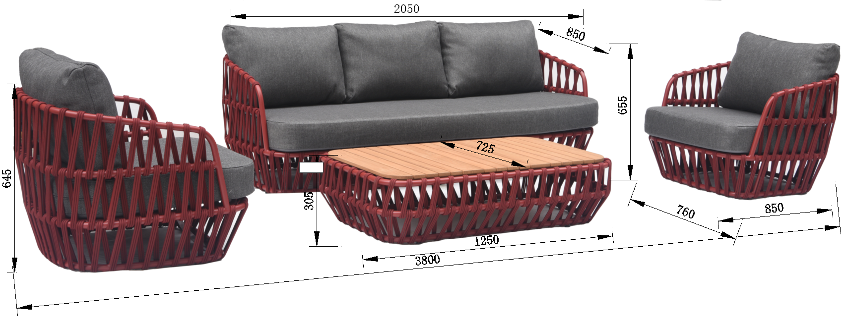 South Beach 4 Pc Outdoor Lounge Setting - Red + Dark Grey