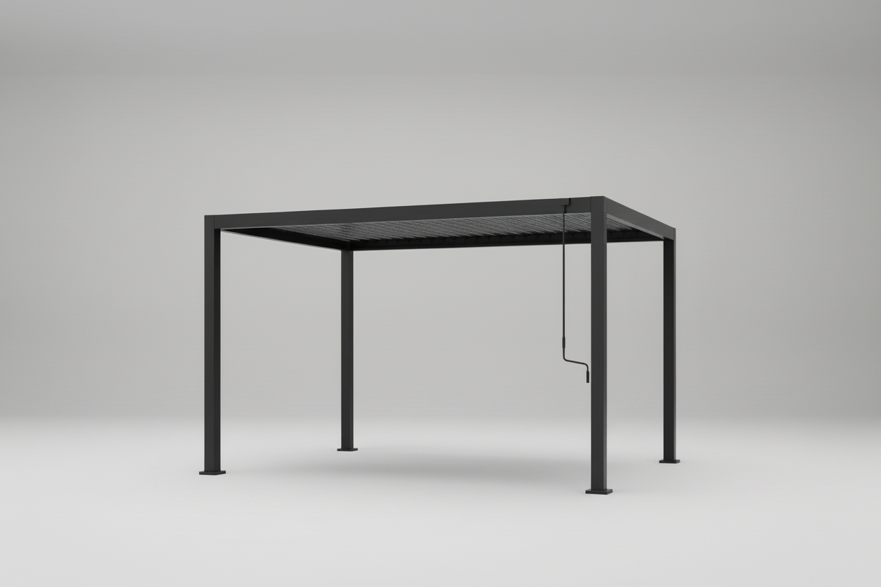 Black metal table on a white floor with a white background
