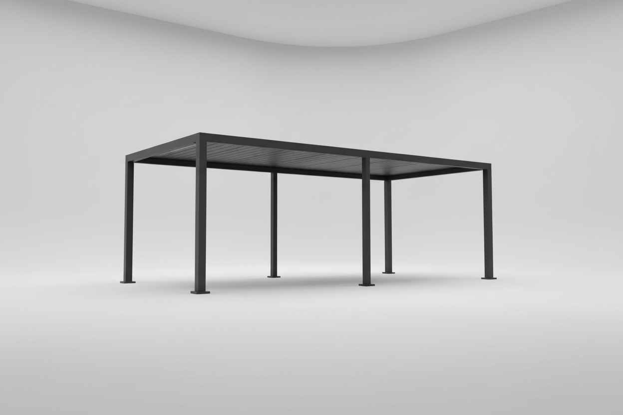 Black metal pergola structure on a white background