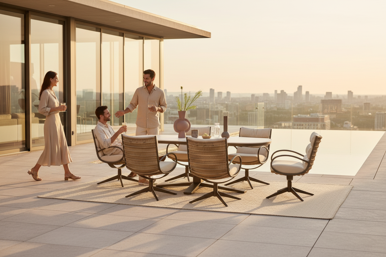 People enjoying a meal outdoors on a rooftop with a cityscape view