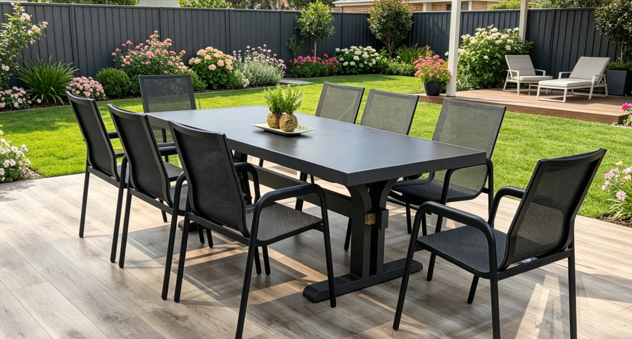 Sun Garden Special – Charcoal | Metro Fixed Dining Set + 8 Diamond Carver Chairs