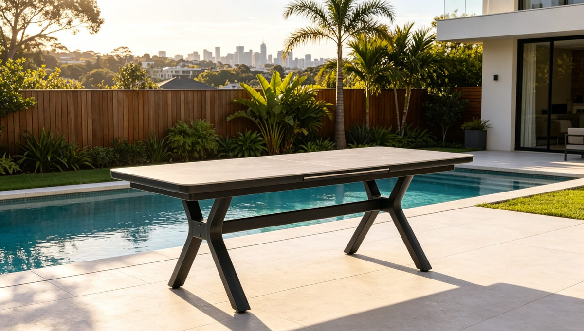 Spain Sandstone Extension Table with Sintered Stone - Charcoal Frame/Tan Marble-look Top