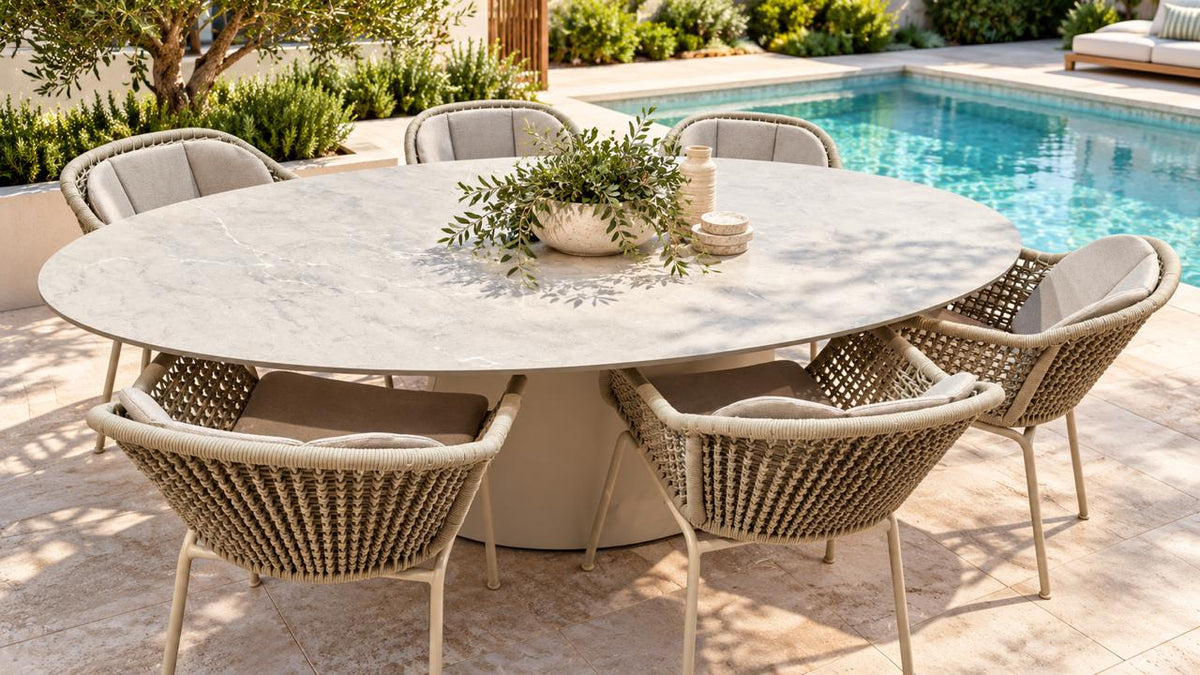 Demark Dining Table With 6 X Inkee Carver Chair 7PC Kit/Set Sand