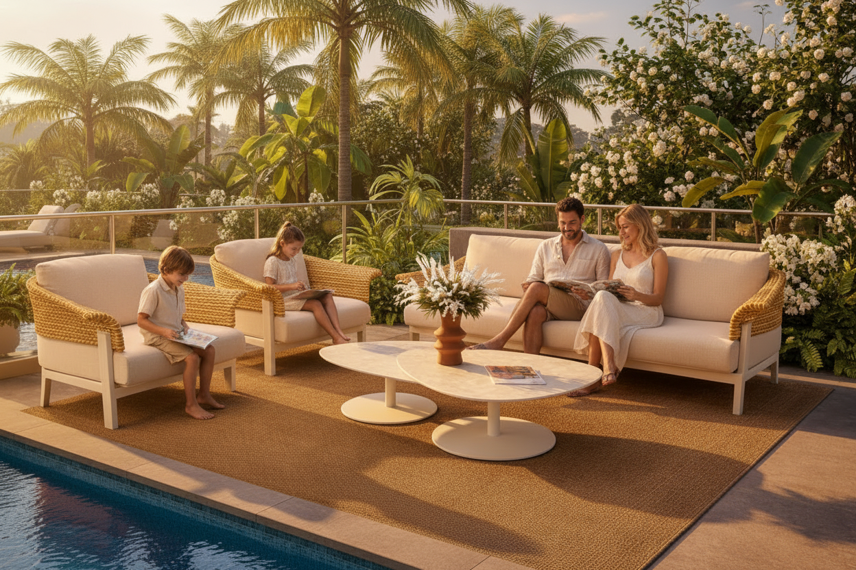 Outdoor seating area with city skyline view at night