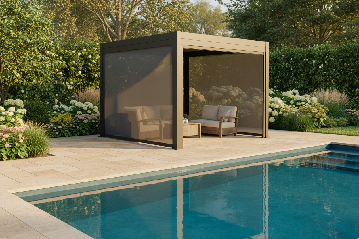 Portable outdoor screen room by a pool with garden view