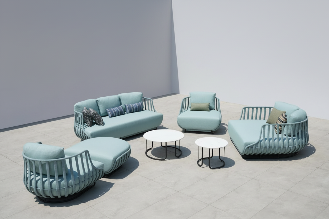 Outdoor lounge furniture set with a charcoal and blue sofa, loveseat, armchairs, footstool, and two coffee tables on a patio.