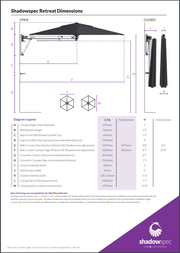 Retreat Wall Mounted Umbrella | 2.7m Octagonal