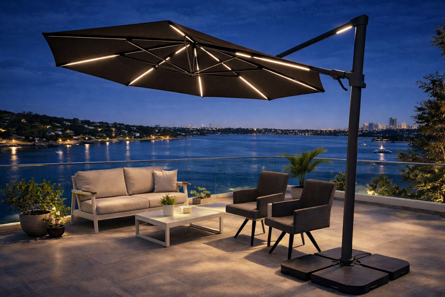 Emery 330cm Octagonal | Olefin Fabric & LED Lights & Side Tilt | Cantilever Umbrella