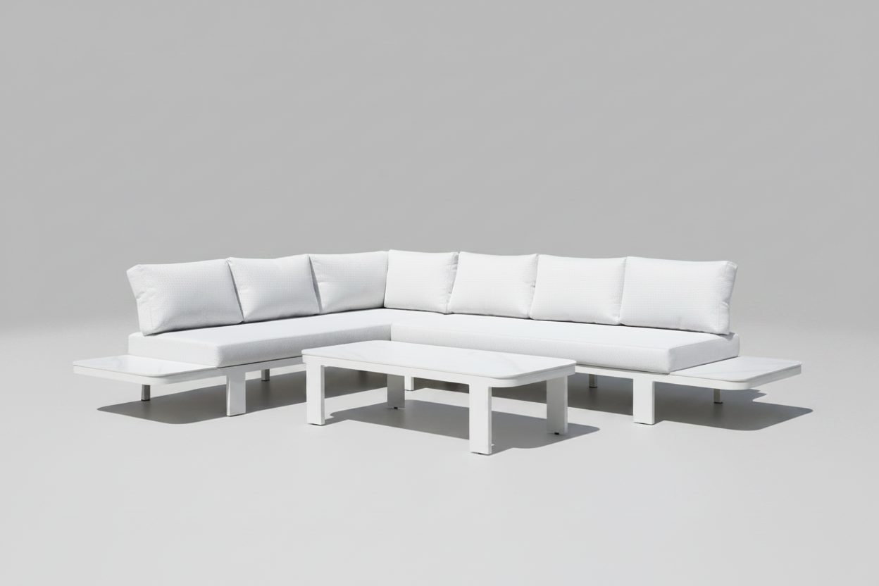 A modern white modular outdoor furniture set, including a 3-seater left sofa, a 3-seater right sofa, and a coffee table, arranged near a pool.