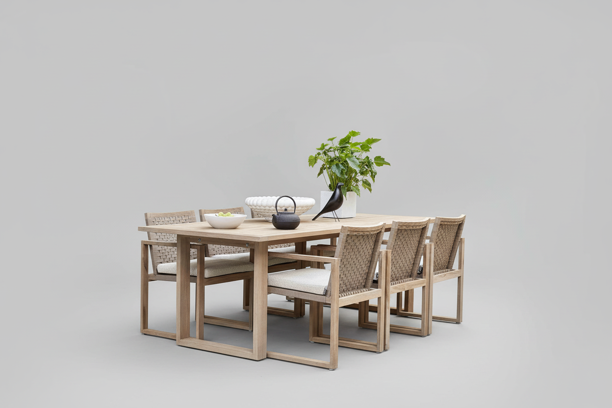 A rectangular outdoor dining table made of wood, placed on a tiled floor within a spacious room, with furniture arranged around it and plants in the background.