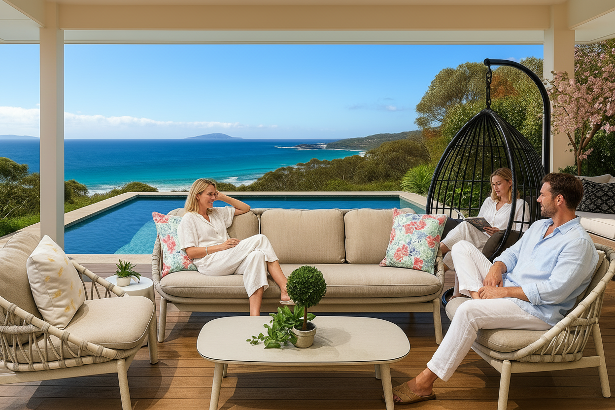 Outdoor patio with beige furniture, floral cushions, and a pool view of the ocean.