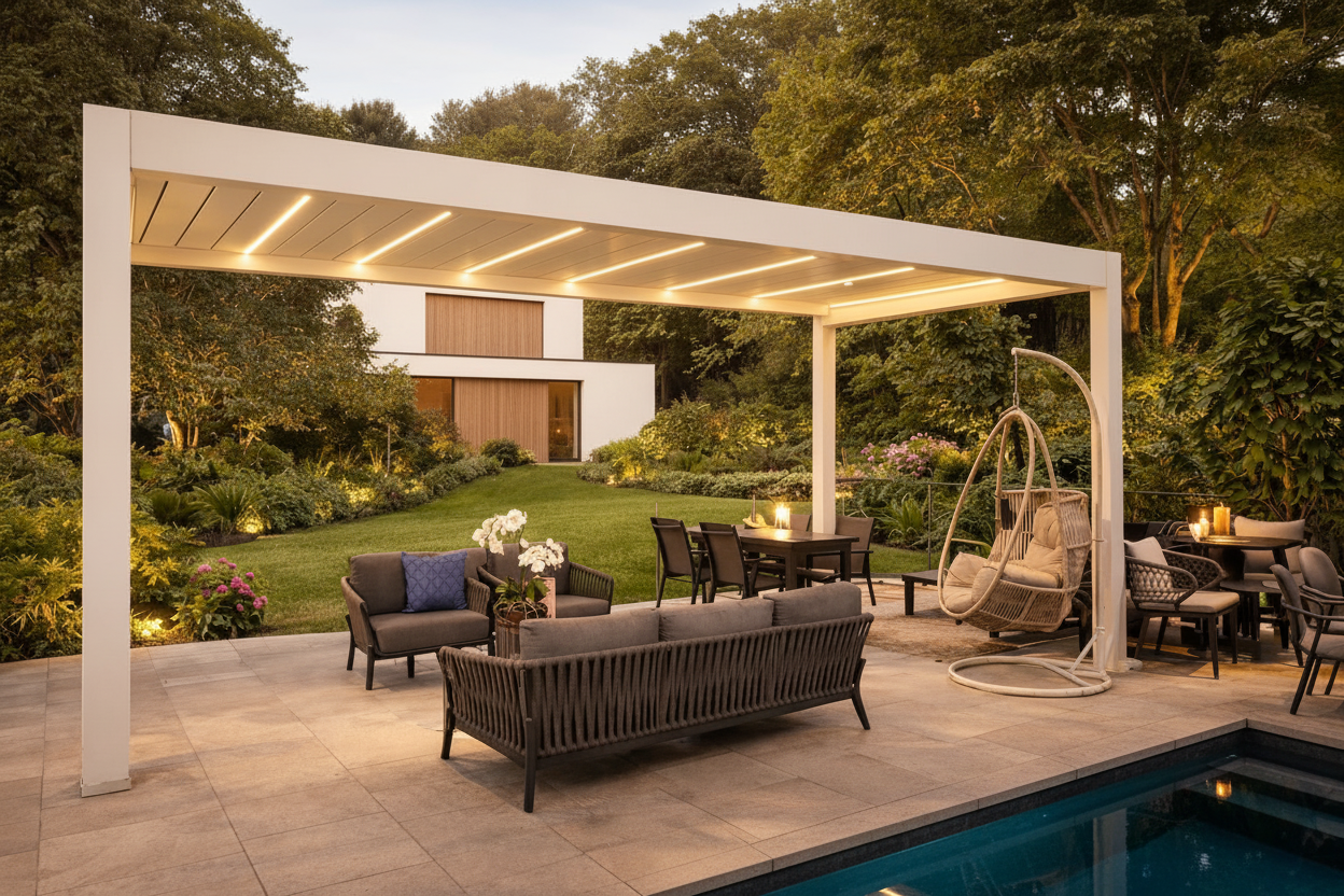 Outdoor patio with pergola, furniture, and decorative elements at night.