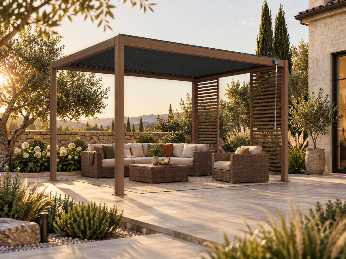PV Blue Sky(140S) Pergola Timber frame and post with Dark Grey blade Frame/Body - 4x3x2.5MH