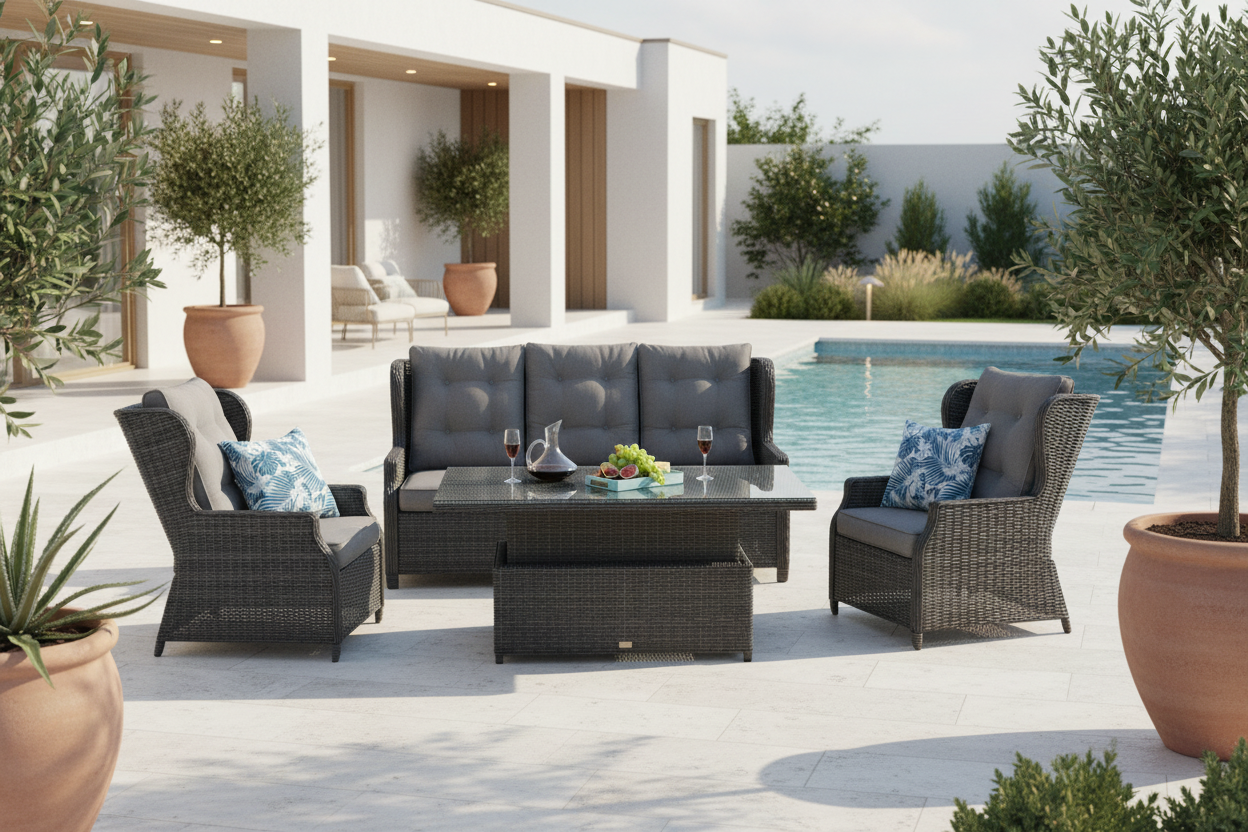 A four-piece outdoor furniture set in castle grey, including two reclining chairs and a loveseat.
