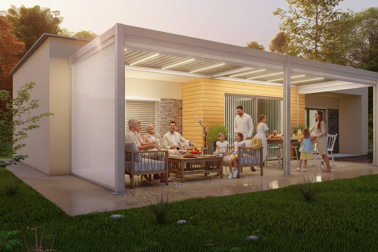 Modern patio cover with outdoor furniture at night